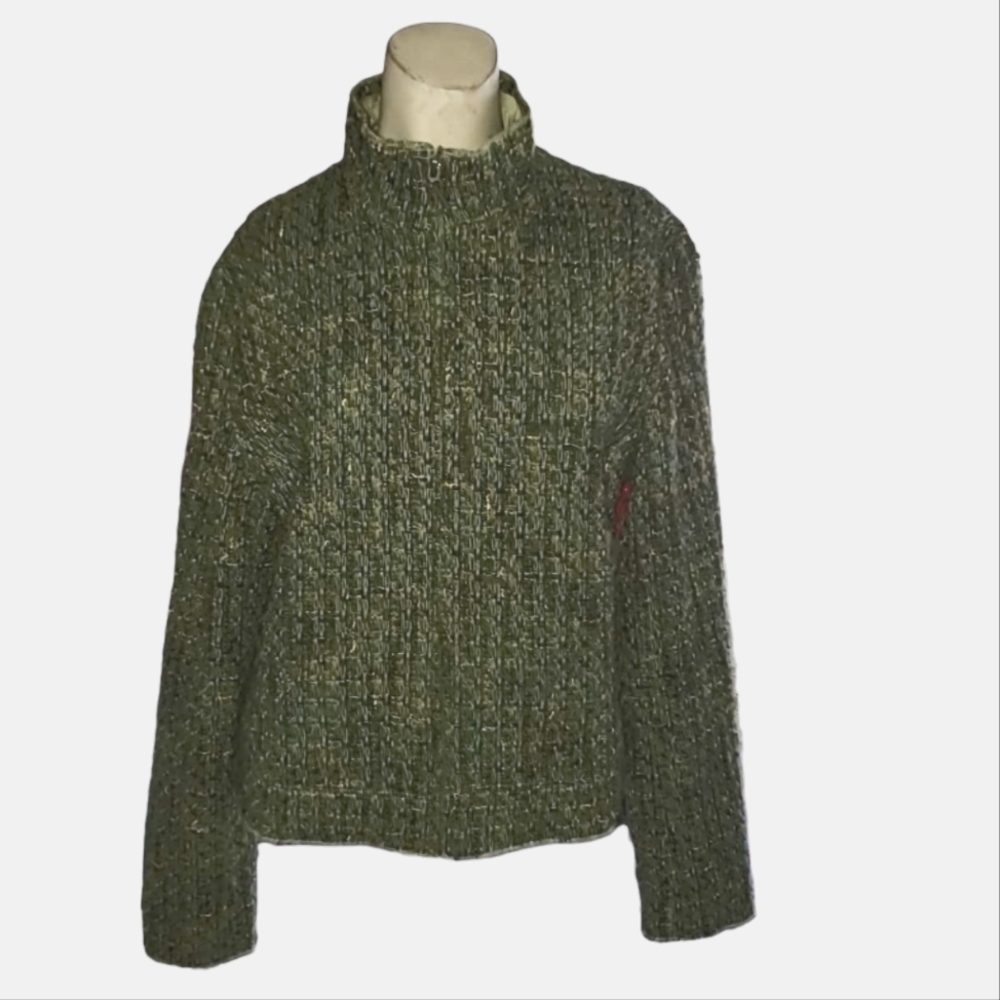 Womens Tweed Front Zip Jacket Green Blue Gold Silk Polyester Rayon Wool